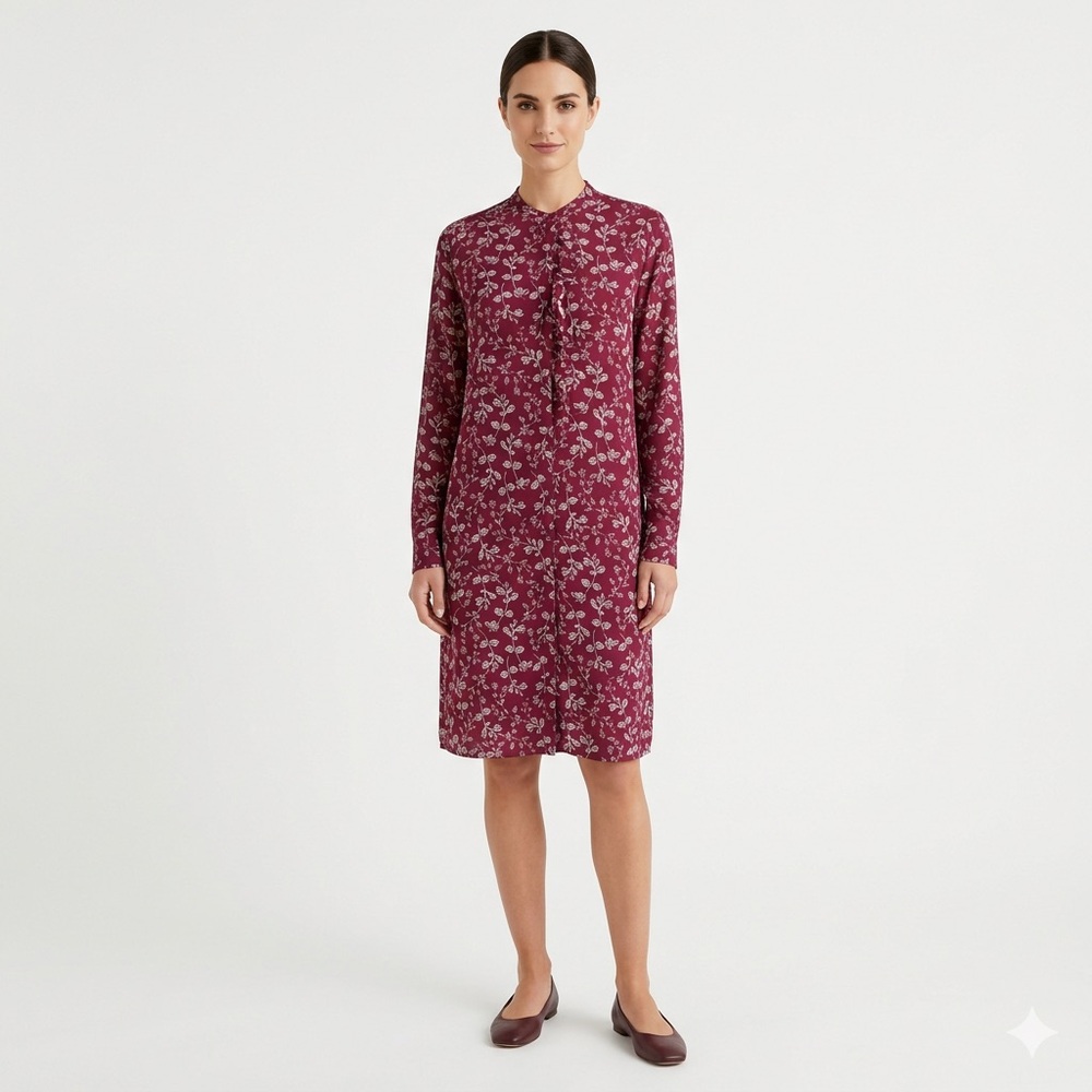 Banana Republic Red & White Floral Button Down Ruffle Front Long Sleeve Dress